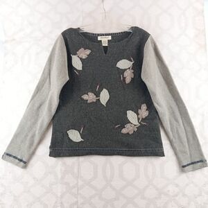 VINTAGE‎ Eddie Bauer Lambswool Sweater XS Leaf Applique Black Gray Long Sleeve